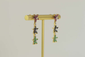 14K Emerald Sapphire Diamond Flower Dangle Earrings Yellow Gold