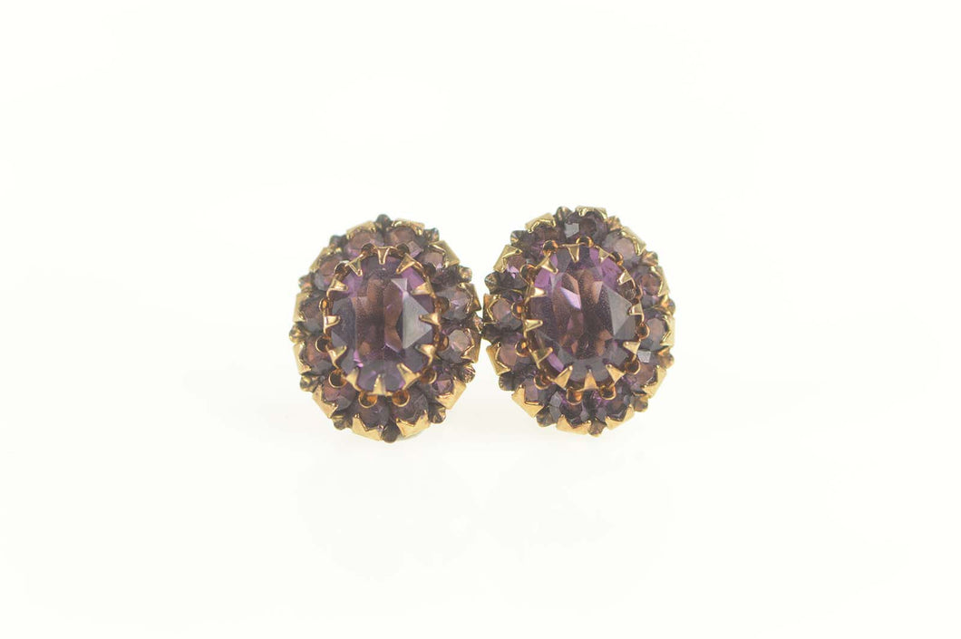 14K Victorian Oval Amethyst Halo Screw Back Earrings Yellow Gold