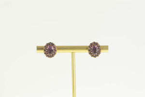 14K Victorian Oval Amethyst Halo Screw Back Earrings Yellow Gold