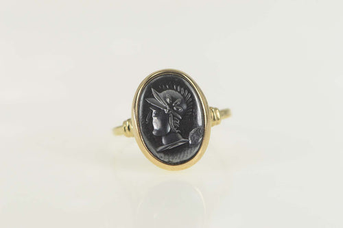 10K Oval Hematite Intaglio Retro Statement Ring Size 9 Yellow Gold