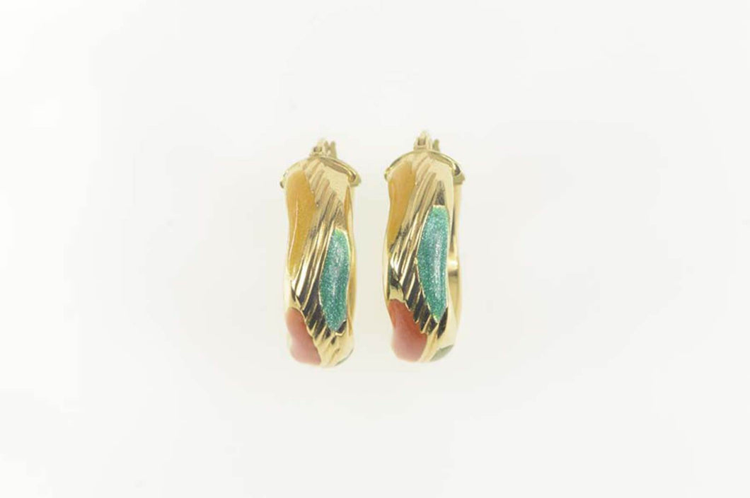 14K Pastel Enamel Zig Zag Grooved Hollow Hoop Earrings Yellow Gold