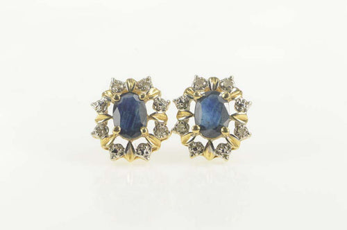 14K Oval Sapphire Diamond Halo Classic Stud Earrings Yellow Gold