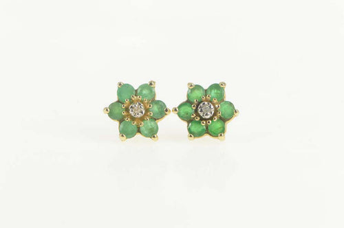 10K Diamond Emerald Flower Cluster Stud Earrings Yellow Gold