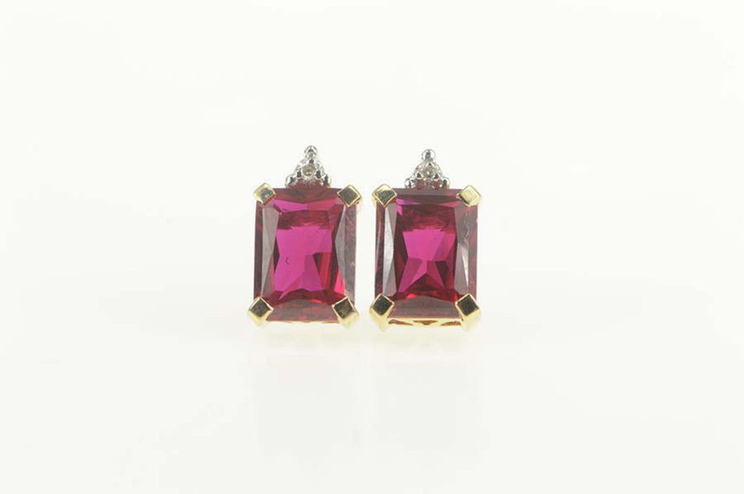 10K Emerald Cut Syn. Ruby Diamond Accent Stud Earrings Yellow Gold