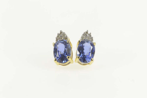 14K Oval Tanzanite Diamond Cluster Accent Stud Earrings Yellow Gold