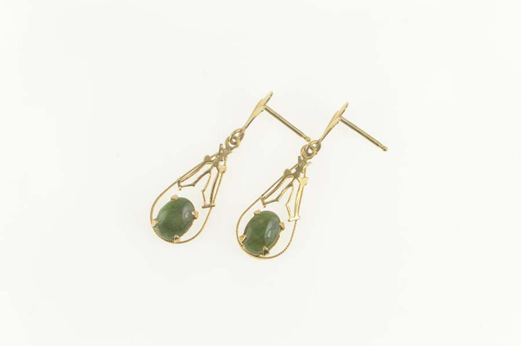 14K Oval Nephrite Retro Filigree Tear Drop Dangle Earrings Yellow Gold