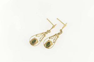 14K Oval Nephrite Retro Filigree Tear Drop Dangle Earrings Yellow Gold