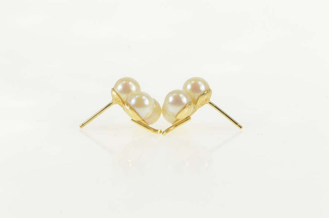 14K 1960's Pearl Cluster Clover Shamrock Stud Earrings Yellow Gold