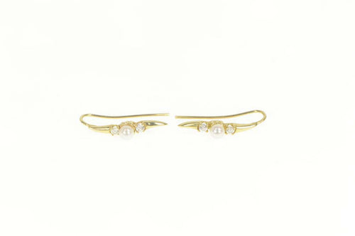 14K Pearl Diamond Accent Ornate Curvy Dangle Earrings Yellow Gold