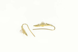 14K Pearl Diamond Accent Ornate Curvy Dangle Earrings Yellow Gold