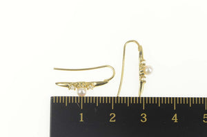 14K Pearl Diamond Accent Ornate Curvy Dangle Earrings Yellow Gold