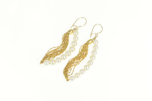 14K Pearl Ornate Chain Fringe Dangle Statement Earrings Yellow Gold