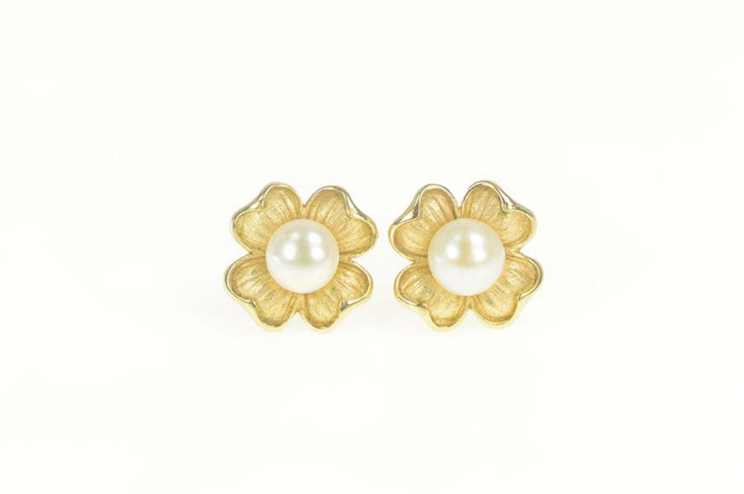 14K Dogwood Flower Pearl Statement Stud Earrings Yellow Gold