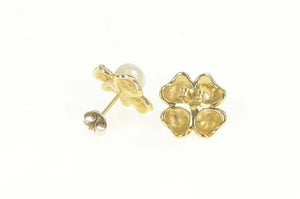 14K Dogwood Flower Pearl Statement Stud Earrings Yellow Gold