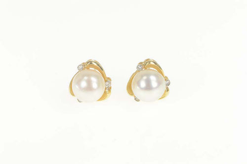 14K Classic Pearl Ornate Diamond Accent Stud Earrings Yellow Gold