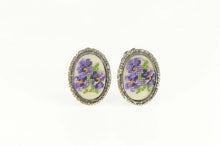 Load image into Gallery viewer, Base Metal Cross Stitch Violets Bouquet Flower Clip Back Earrings