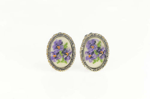 Base Metal Cross Stitch Violets Bouquet Flower Clip Back Earrings