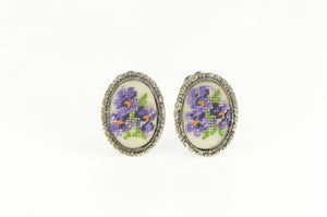 Base Metal Cross Stitch Violets Bouquet Flower Clip Back Earrings