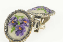 Load image into Gallery viewer, Base Metal Cross Stitch Violets Bouquet Flower Clip Back Earrings