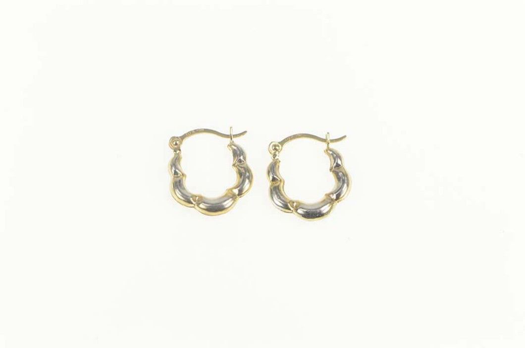 10K Two Tone Scalloped Puffy Huggies Hoop Earrings White Gold