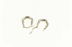 10K Two Tone Scalloped Puffy Huggies Hoop Earrings White Gold