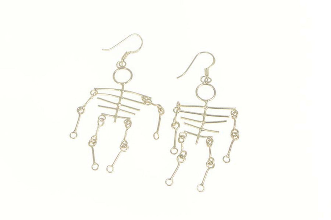Sterling Silver Stylized Wire Skeleton Anatomy Dangle Fringe Earrings