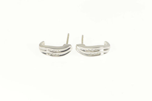 10K Diamond Wavy Channel Inset Semi Hoop Earrings White Gold
