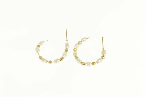 10K Classic Pearl Beaded Semi Hoop Earrings Yellow Gold