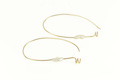 14K Pearl Beaded Oval Spiral Accent Hoop Earrings Yellow Gold
