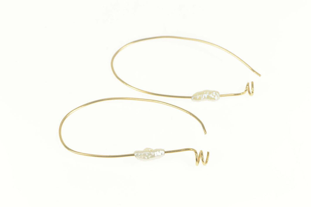 14K Pearl Beaded Oval Spiral Accent Hoop Earrings Yellow Gold
