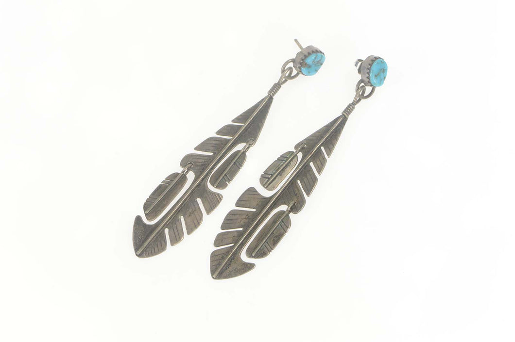 Sterling Silver Turquoise Native American Feather Dangle Earrings