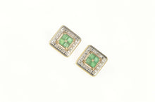 Load image into Gallery viewer, 14K Square Emerald Cluster Diamond Halo Stud Earrings Yellow Gold
