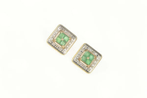 14K Square Emerald Cluster Diamond Halo Stud Earrings Yellow Gold