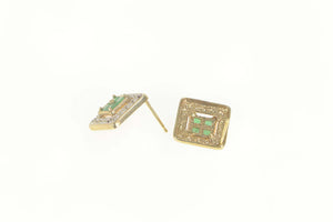 14K Square Emerald Cluster Diamond Halo Stud Earrings Yellow Gold