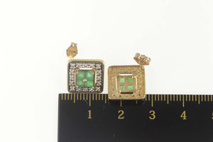 14K Square Emerald Cluster Diamond Halo Stud Earrings Yellow Gold