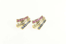 Load image into Gallery viewer, 10K Diamond Sapphire Ruby Channel Curved Stud Earrings Yellow Gold