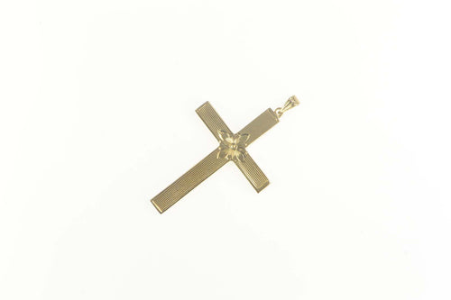 14K Art Deco Floral Pinstriped Cross Christian Pendant Yellow Gold