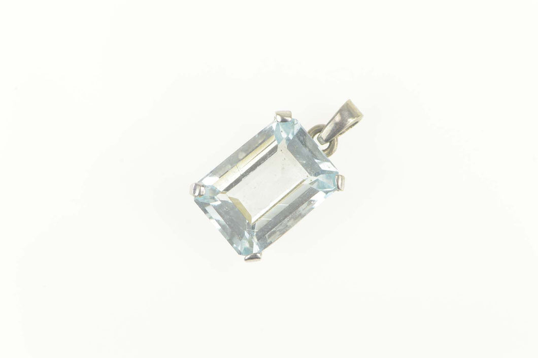 14K Emerald Cut Blue Topaz Solitaire Statement Pendant White Gold