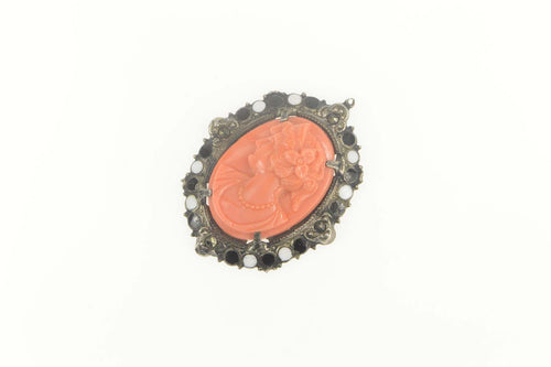 Sterling Silver Victorian Coral Cameo Marcasite Enamel Pendant