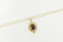 Load image into Gallery viewer, 14K Oval Garnet Filigree Halo Chain Statement Necklace 17.75&quot; Yellow Gold