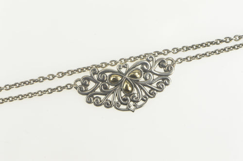 Sterling Silver Ornate Two Tone Scroll Heart Love Symbol Necklace 18-20