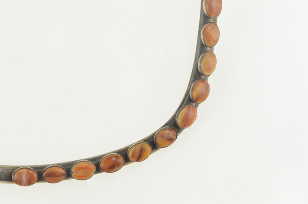 Sterling Silver Oval Agate Cabochon Inlay Statement Collar Necklace 15