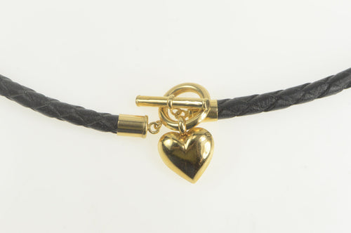 14K Leather Braided Cord Toggle Heart Charm Necklace 18