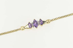 14K Marquise Amethyst Diamond Squared Chain Bracelet 6.75" Yellow Gold