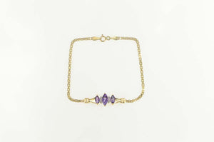 14K Marquise Amethyst Diamond Squared Chain Bracelet 6.75" Yellow Gold