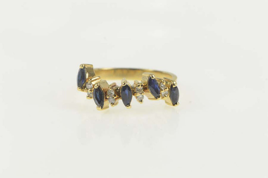 18K Marquise Sapphire Diamond Wavy Band Ring Size 5.5 Yellow Gold