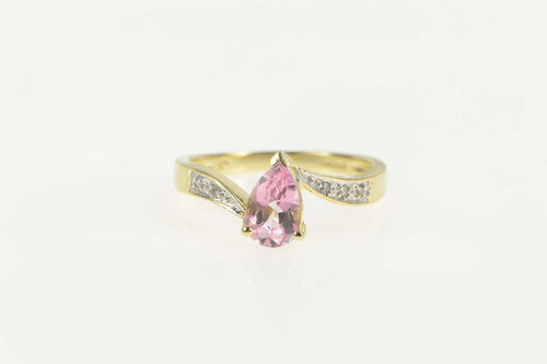 14K Pear Pink Topaz Diamond Bypass Engagement Ring Size 7.25 Yellow Gold