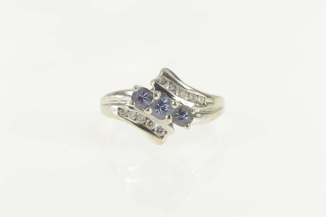 14K Three Stone Tanzanite Diamond Bypass Ring Size 6.75 White Gold