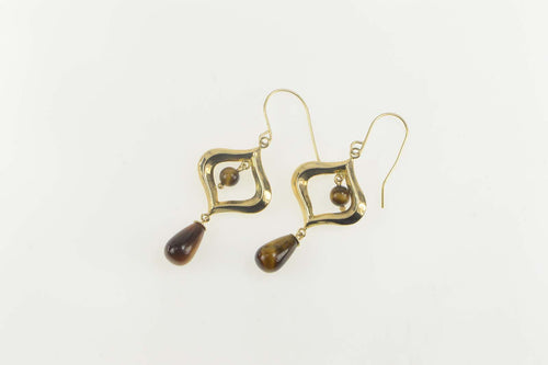 14K Tiger's Eye Dangle Arabesque Hook Earrings Yellow Gold