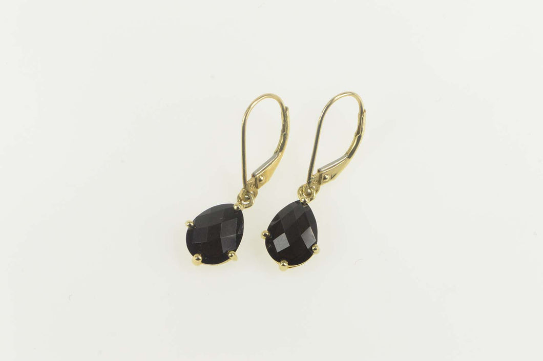 14K Faceted Pear Black Onyx Dangle Lever Back Earrings Yellow Gold